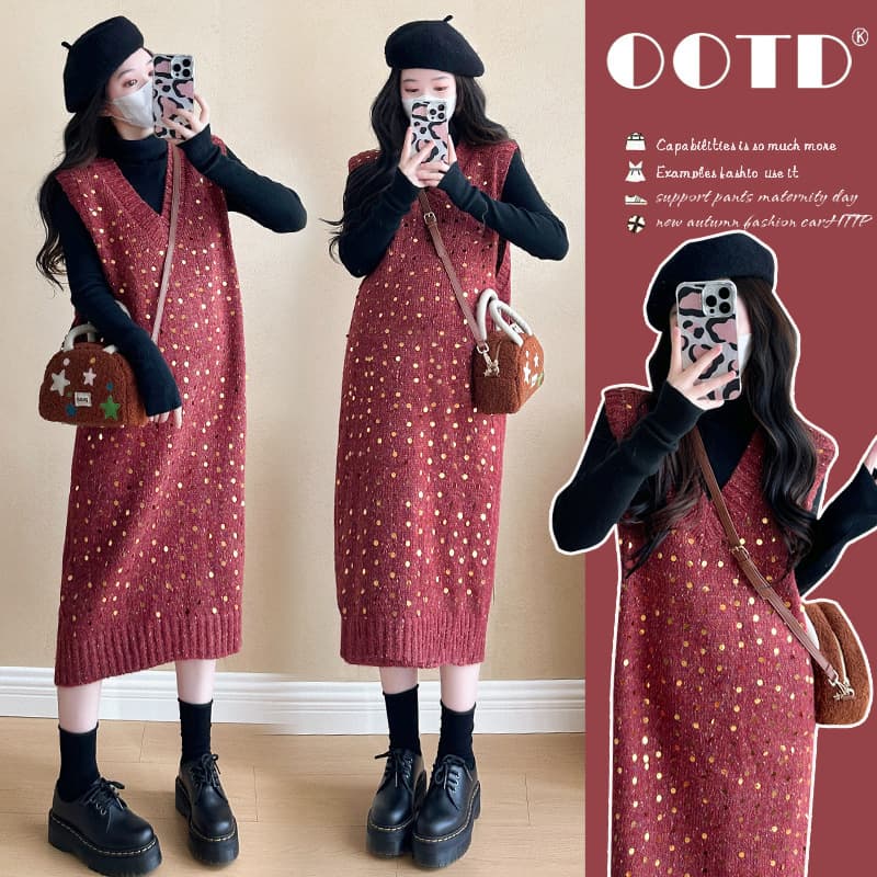 Real Shot In Stock~2025 Autumn/Winter New Korean Style Internet Celebrity Heavy Embroidery Shining Street Base Layer + Vest Dress Set