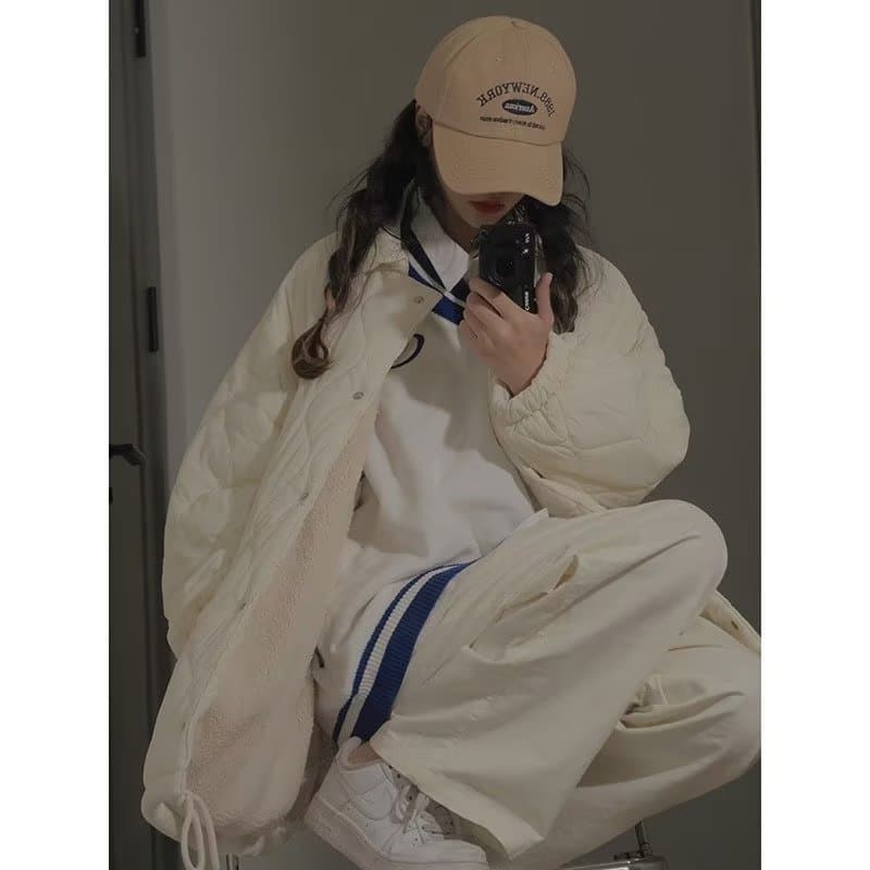 2024 Winter Hong Kong Style Solid Color Puffer Coat Casual Jacket Quilted Outerwear Trendy Women College Style Plus Size Fashion Quilted Coat