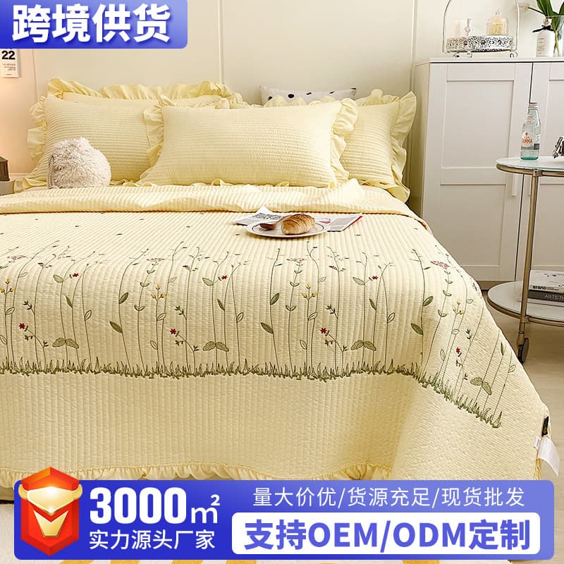 Foreign trade hot-selling chiffon yarn summer quilt set, quilted girl's heart washed cotton ruffled double bed cover three-piece set