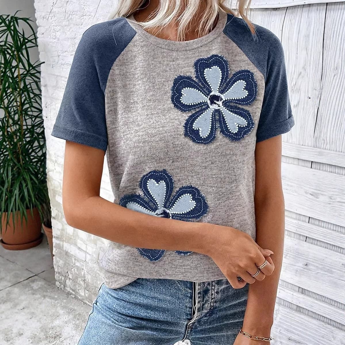 New Summer Women's Pullover Round Neck T-Shirt, European and American Casual Versatile Floral Patchwork Short Sleeve Top, Wholesale