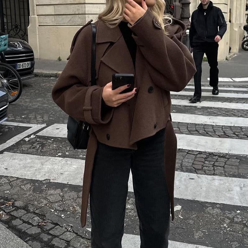 European and American Cross-Border 2025 Fall/Winter Women's Wool Coat, Personalized Street Style Notch Lapel Tie-Belt Long-Sleeve Jacket for Women