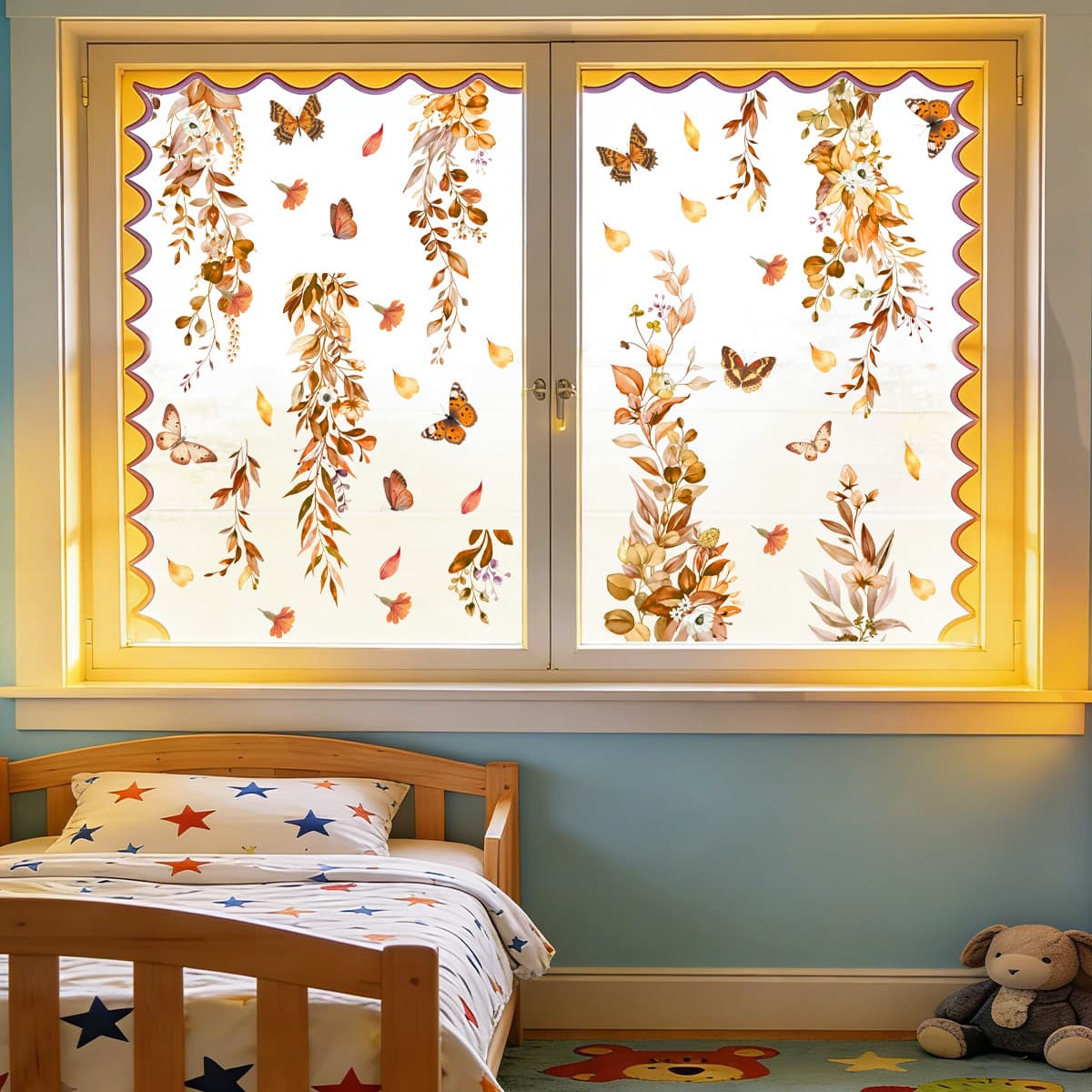 D23139 Autumn green plants, vines, butterflies, electrostatic stickers, window glass stickers, double-sided visual holiday window stickers, electrostatic stickers