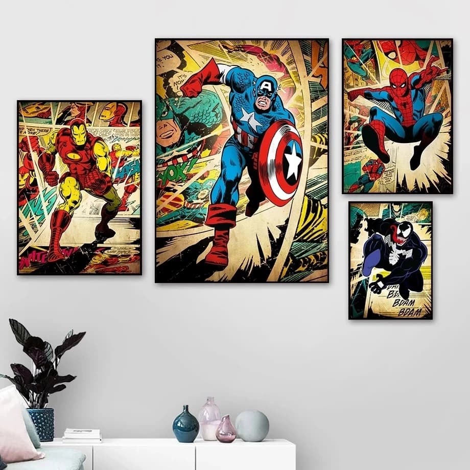 Marvel Superhero Comics Decorative Painting Spider-Man Avengers Canvas Retro Poster Wall Art Decoration