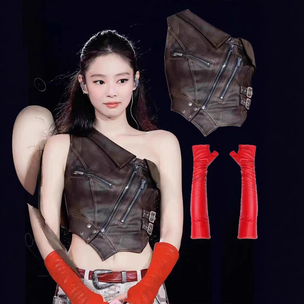 Spot jennie same style clothes asymmetrical zipper motorcycle vest PU leather short slanted shoulder top for women