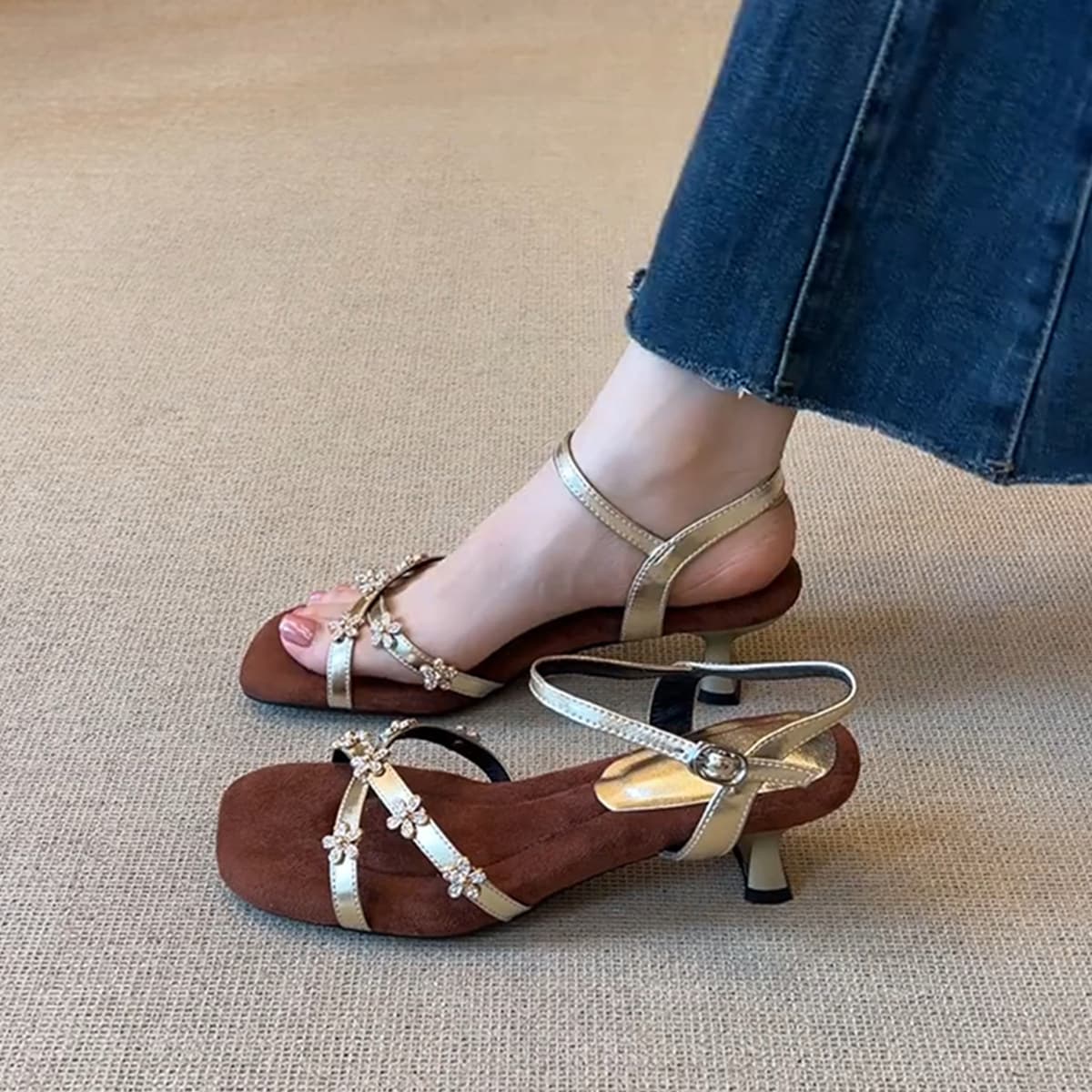 Sheepskin Version ~ French Rhinestone Flower One-Strap Square Toe Genuine Leather Sandals Women's Elegant Versatile Heels for Dresses Summer