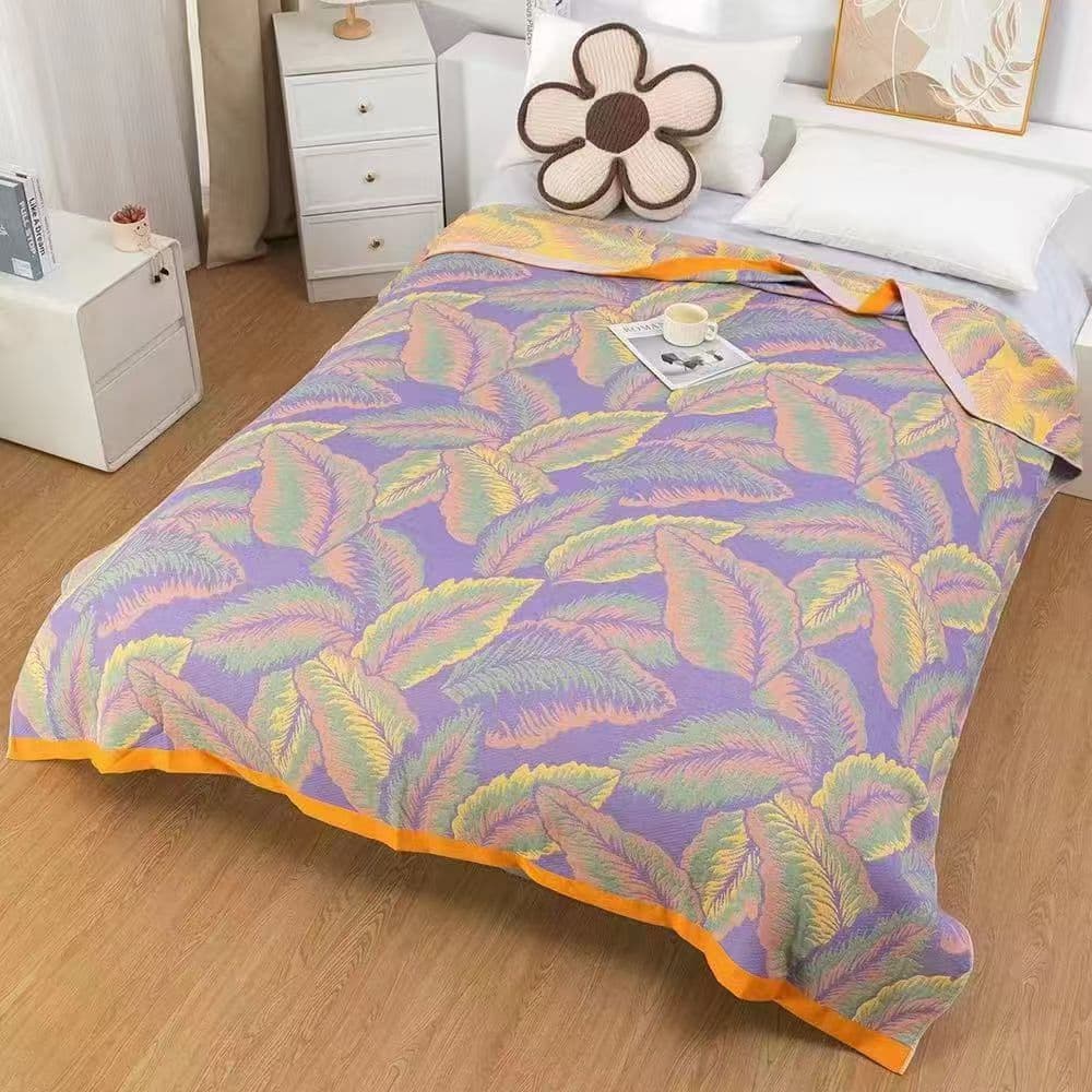 Polyester-cotton towel blanket, washed cotton comfortable thickened blanket, suitable for all seasons, floral pattern, single and double sizes, machine washable