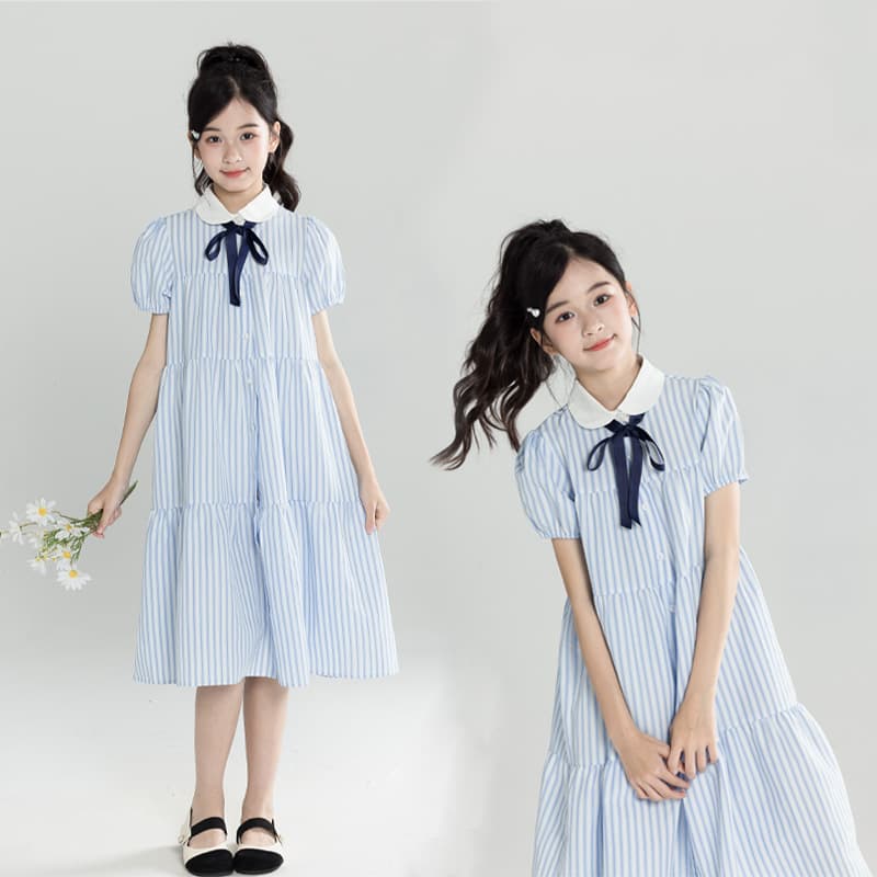 Girls' Dress 2025 Summer New Style, Fresh Striped Shirt Dress for Older Children, Short Sleeve, A-Line Skirt for Middle School Students
