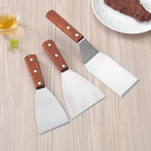 Three-Sided Sharp Edge Flat Spatula Kitchen Tool, Angled Spatula, Teppanyaki Spatula, Stainless Steel Wooden Handle, Pancake Cake Cooking Spatula