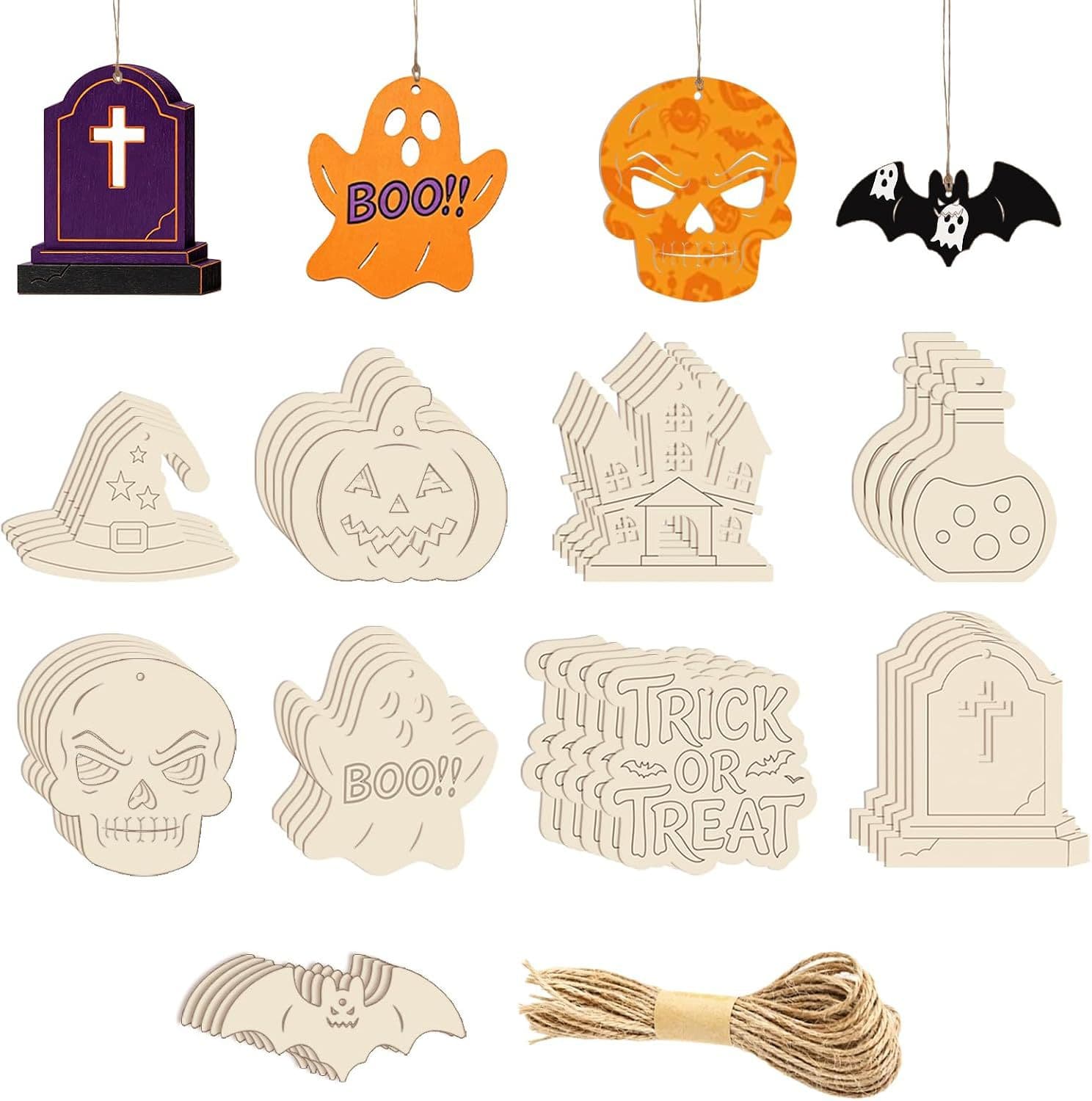 Wooden Halloween Decoration Hanging Ornament Children's Coloring Wood Slice DIY Pumpkin Ghost Witch Coloring Wooden Hanging Decoration