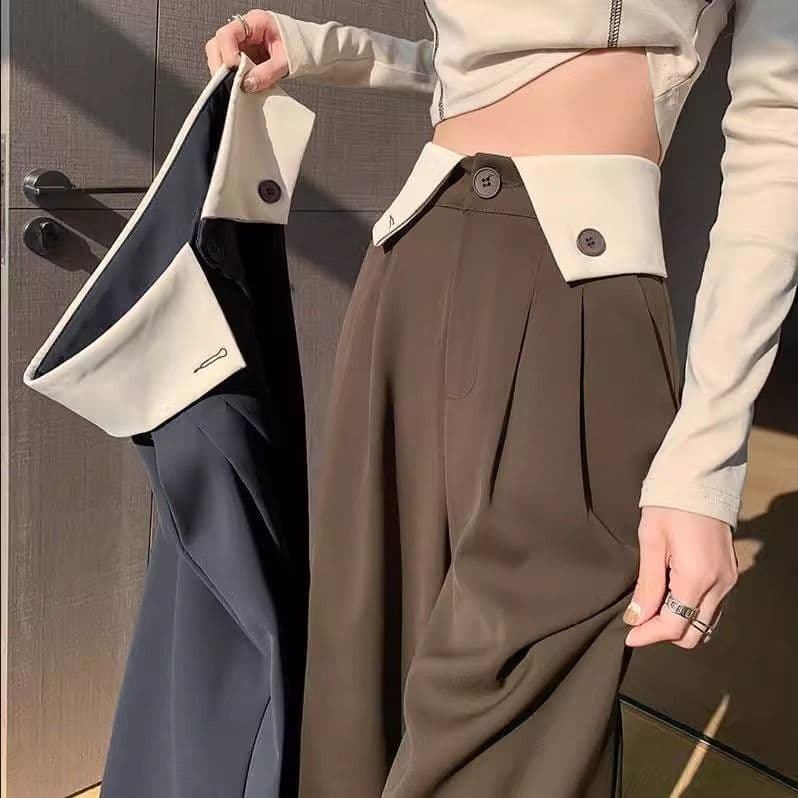 Cuffed drapey wide-leg pants for women in spring and summer thin design high-waisted casual slim black straight-leg floor-length suit pants