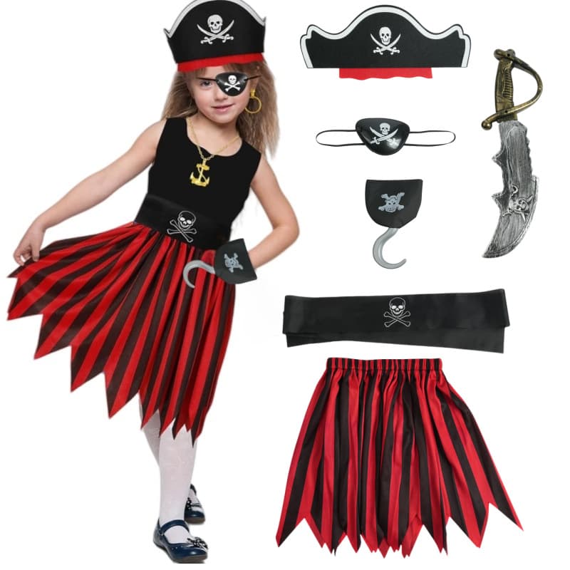 Children's Program Performance Pirates of the Caribbean Jack Costume Role Play Wavy Pattern with Headscarf Children's Short Skirt Set