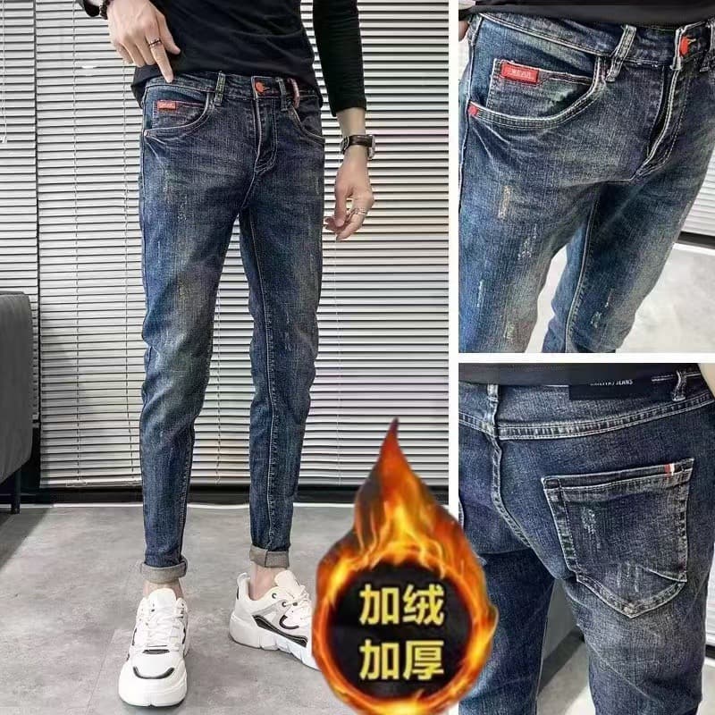 Cross-border Men's Jeans Ins Trendy Casual Stretch Korean Style Thickened Thermal Skinny Pants