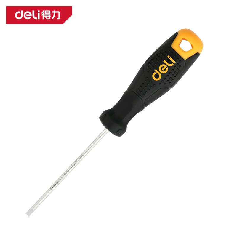 Deli brand plastic handle screwdriver, flat and Phillips head screwdriver bits, strong magnetic screwdriver for home use and repair.