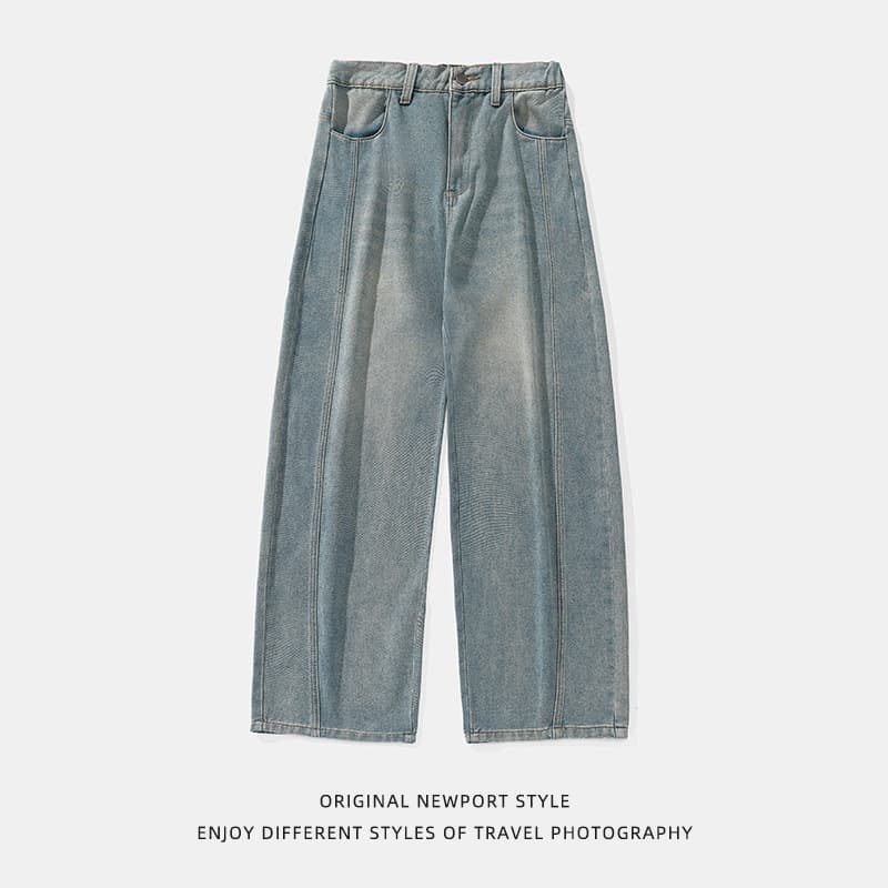 Vintage Washed Denim Jeans for Men Spring New Split Stitching Design Curved Cut Retro Loose Fit Long Pants