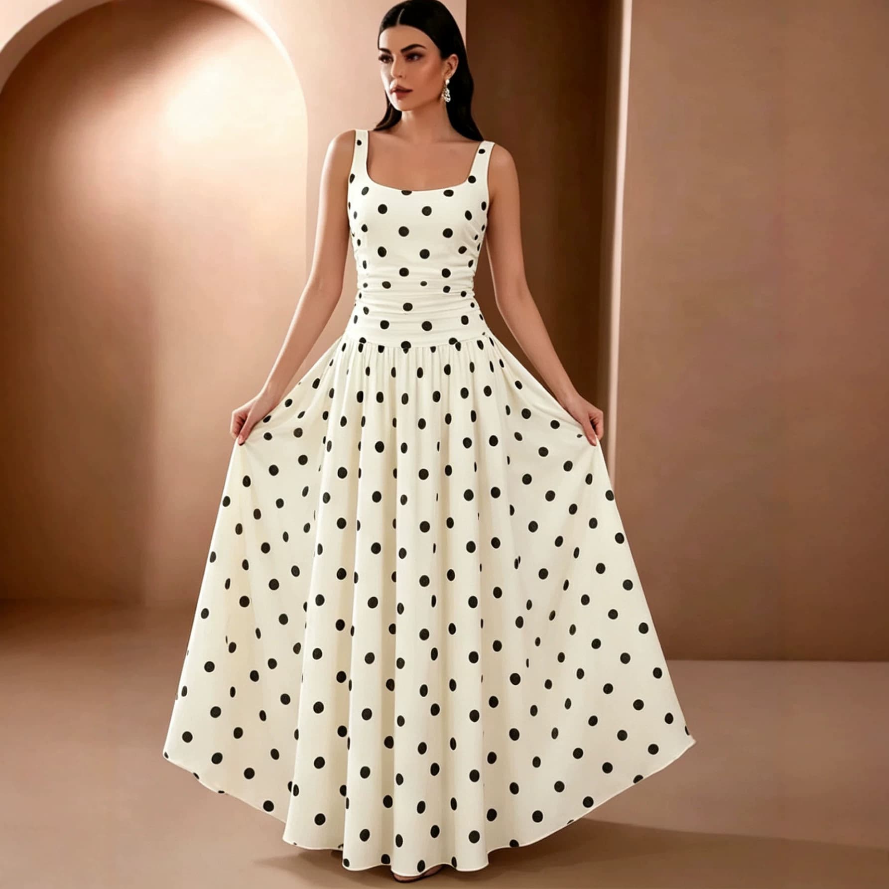 European and American retro polka dot suspender long skirt square neck waist slimming evening dress summer new temperament dress