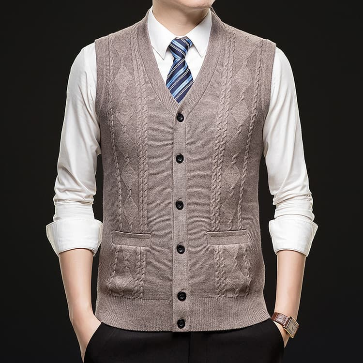 2025 Autumn/Winter New Middle-aged and Elderly Men's Knitted Vest with Pockets Cardigan Wool Vest