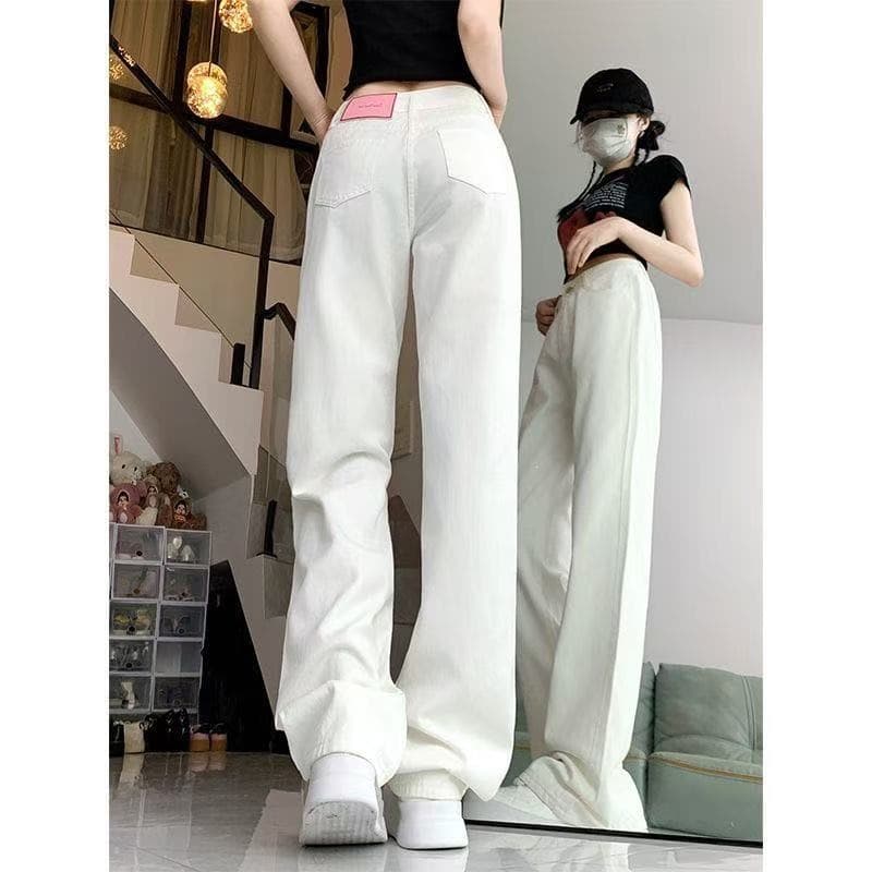 Spring and summer new style white high-waisted wide-leg jeans for women with contrasting color design, large size, loose narrow version, straight leg