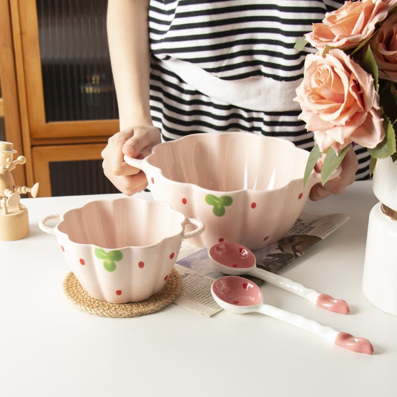 Girly Pink Strawberry Pumpkin Bowl + Spoon Home Ceramic Cute Ins Style Rice Bowl Dessert Salad Bowl