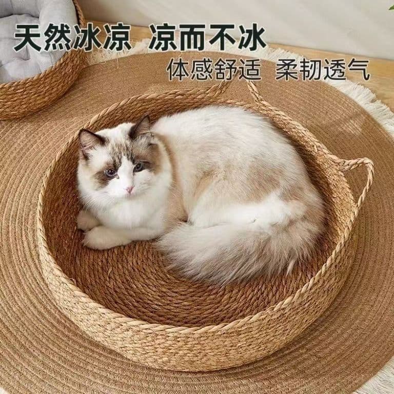 Woven Seagrass Cat Bed, All-Season Cool Bed Frame, Dog Bed, Cat Scratching Board, Pet Bed for Cats, Breathable