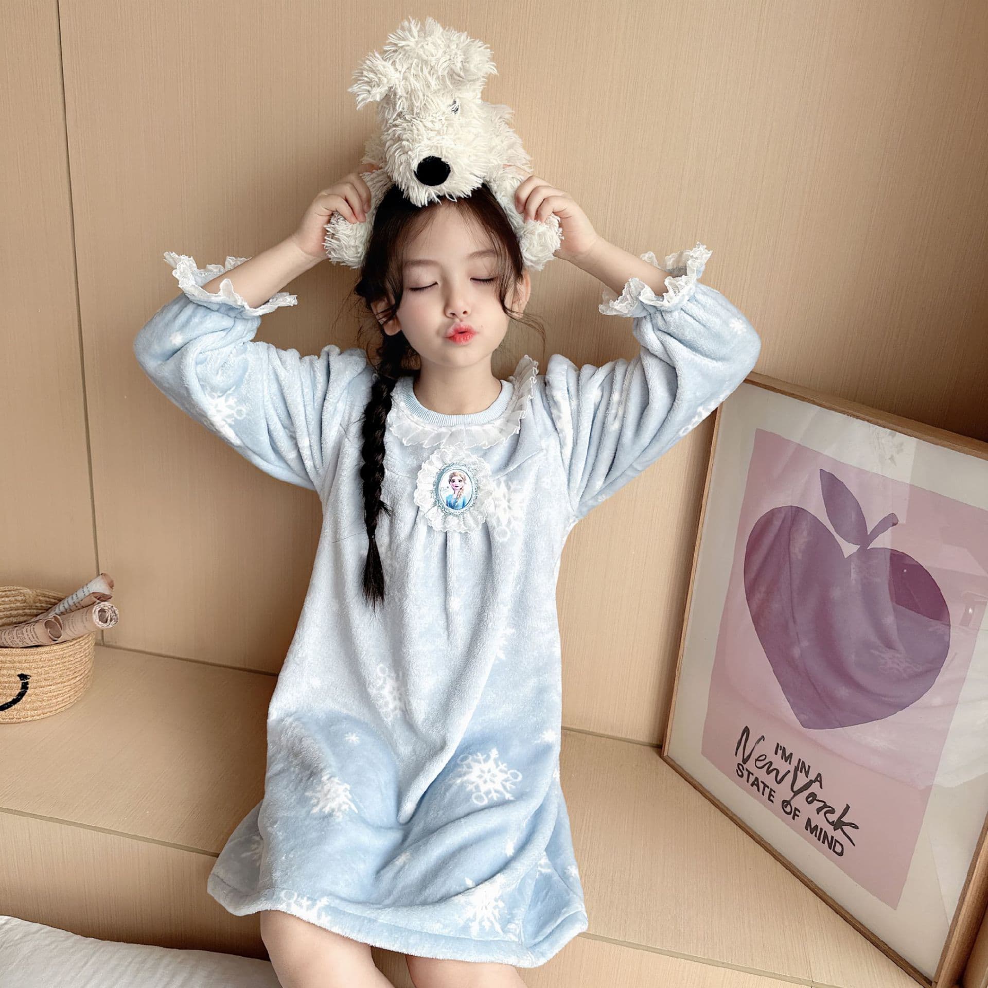 2023 Autumn and Winter Girls Home Clothes Princess Elsa Home Pajamas Warm Thickened Flannel Princess Elsa Pajamas