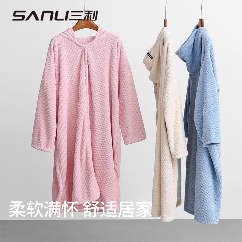 Sanli Pineapple Pattern Long-Sleeve Bathrobe for Adults, Thickened Autumn and Winter Cute Hooded Pajamas, Coral Fleece, Cross-Border In-Stock