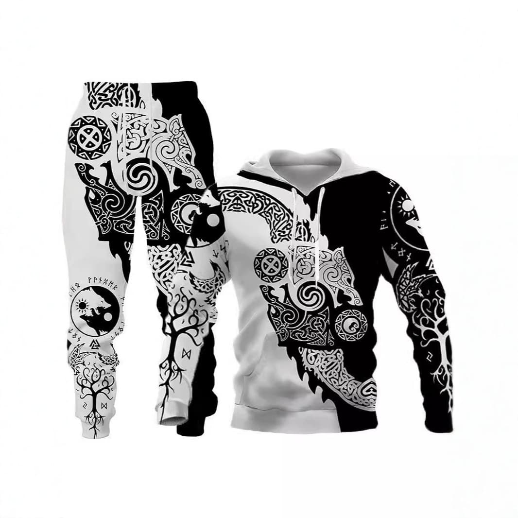 2025 cross-border new wolf 3D printed hooded sweatshirt suit spring and autumn European and American men's pullover sweatshirt manufacturer wholesale