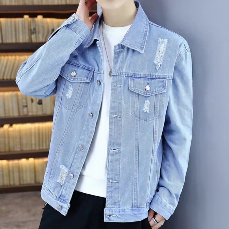 Spring/Autumn Denim Jacket for Men 2023 New Style Village Casual Denim Jacket Ripped Korean Trendy Loose Fit Coat