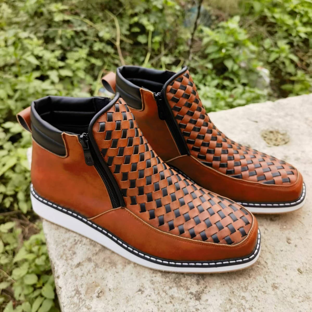 2024 Amazon Independent Website Cross-Border Foreign Trade New Style Side Zipper European and American Retro Hand-woven Western Cowboy Boots