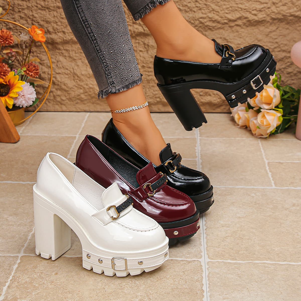 Women's shoes loafers 11CM single shoes waterproof platform thick heel high spring style trendy punk lolita shoes black