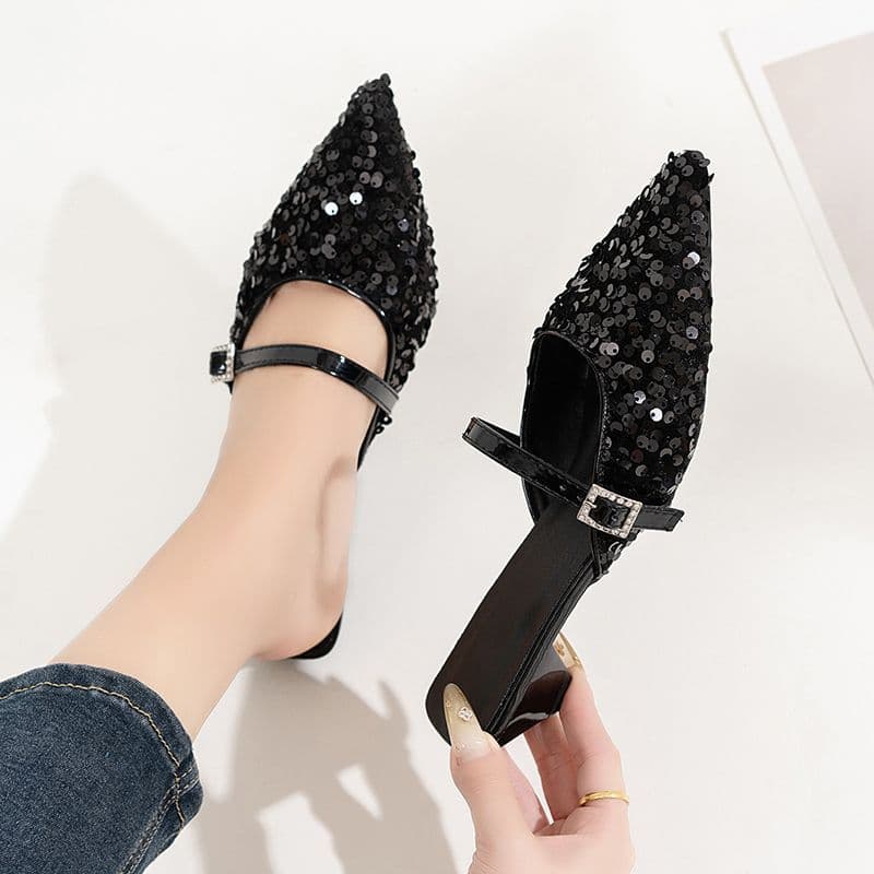 French High-End Pointed-Toe Closed-Toe Half Slippers for Women, Stylish Outdoor Sandals, Fashion High Heels, Spring/Summer 2025