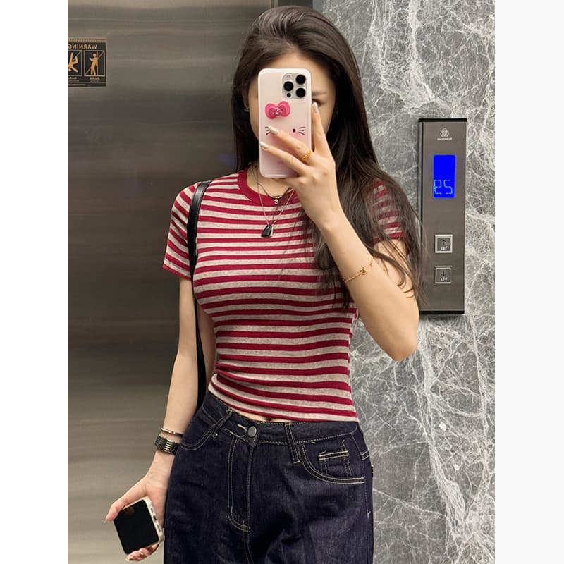 Vintage Contrast Color Crew Neck Striped T-Shirt for Women, Summer 2026 New Arrival, Fitted Base Layer Short Sleeve Top