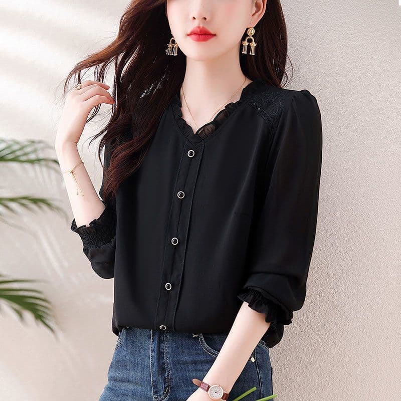 Plus-size, loose-fitting, mid-length, long-sleeved blouse, new spring and autumn style, black collared shirt for women.