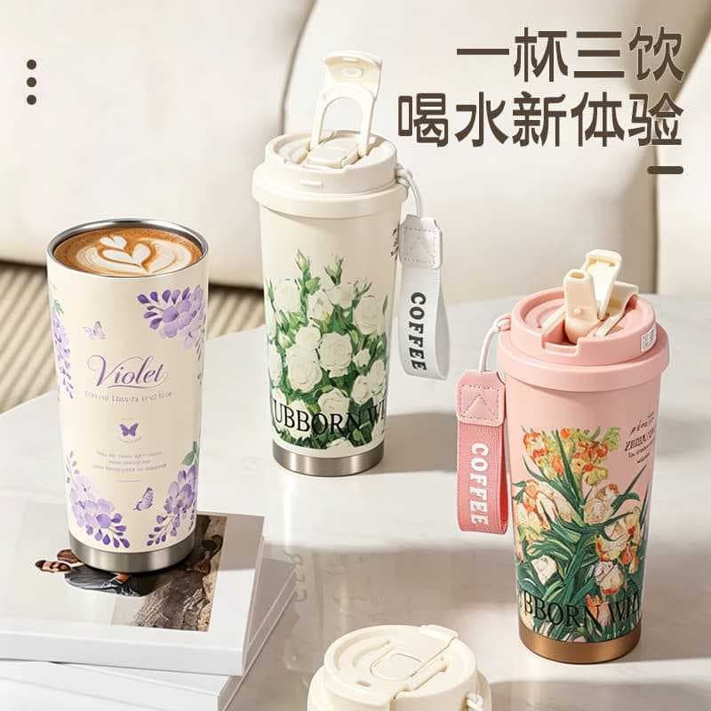 Custom Portable 316 Stainless Steel Insulated Cup Double-Layer Vacuum High-Appearance Lily of the Valley Water Cup Dual-Drink Car Coffee Cup