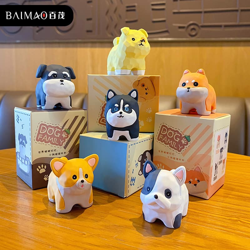 Baimao Original Wood-Carved Style Dog Standing Car Ornament Cute Creative Resin Figurine Home Desktop Decoration