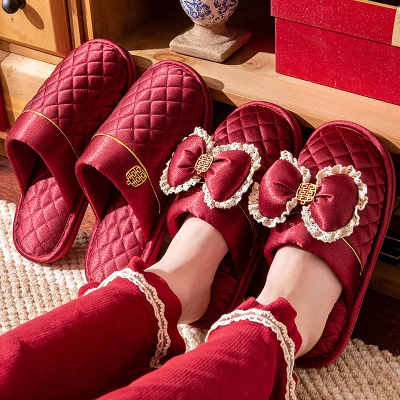 Red Wedding Slippers for Couple, Autumn and Winter, Bride and Groom, Bridal Wedding Couple Slippers, Closed-Toe, Non-Slip