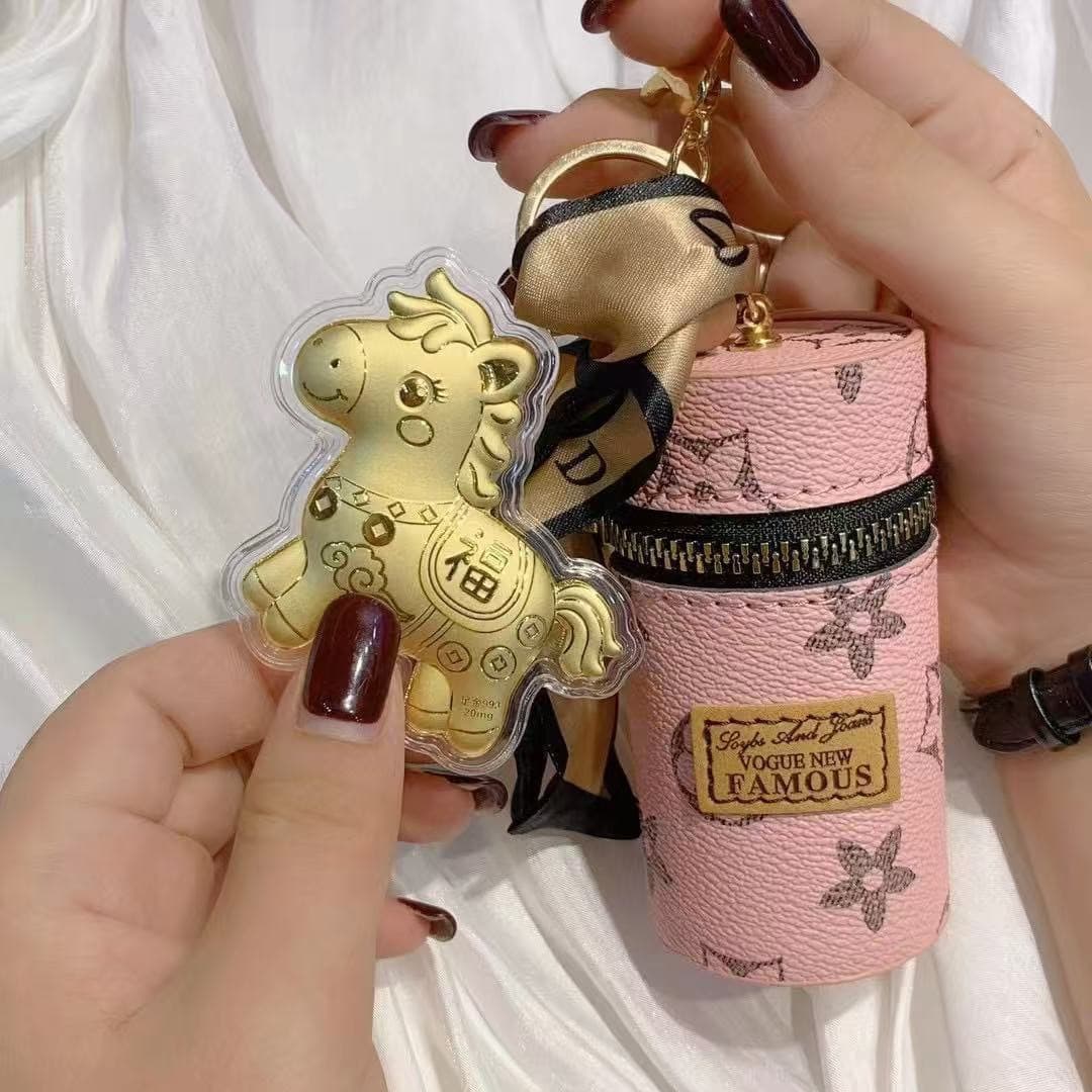 2026 Year of the Horse Gold Keychain, Pure Gold 999, Mini Lipstick Bag, Earphone Bag Hanging Ornament, Small Gift