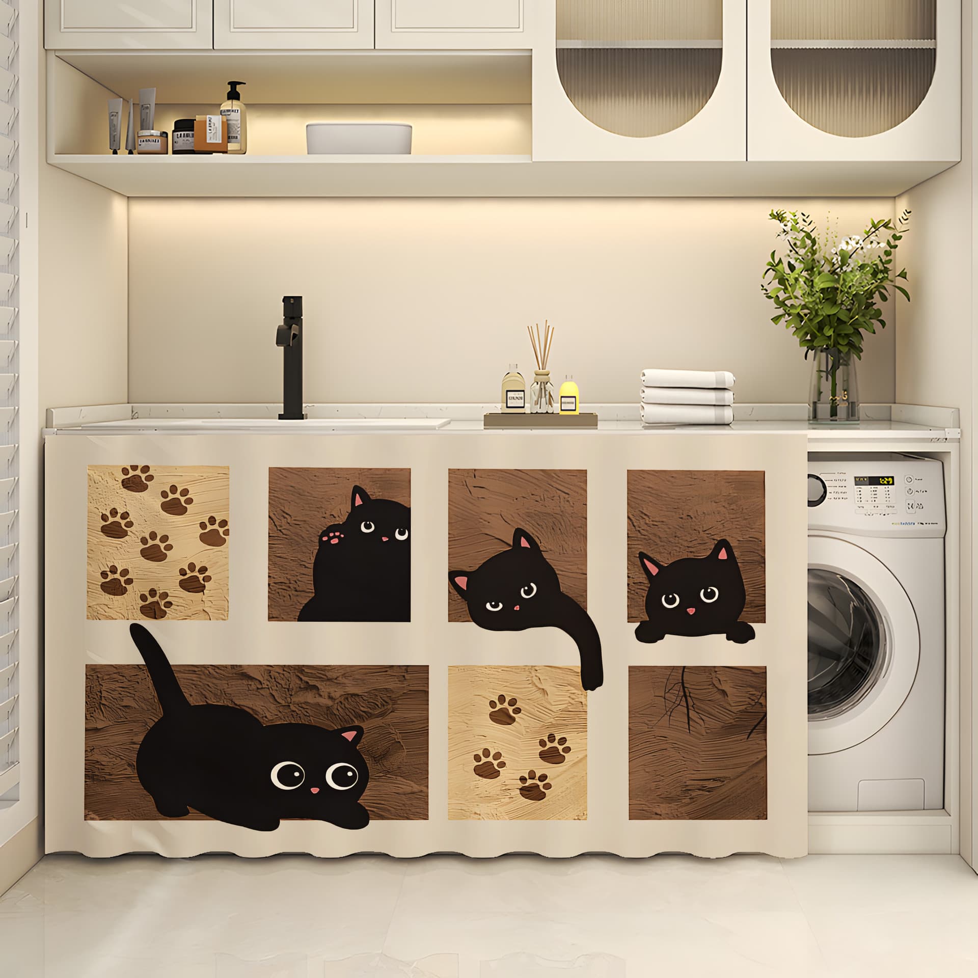 Bathroom Vanity Cover Curtain Storage Cabinet Clutter Hiding Curtain Cute Animal Kitchen Shelf Dust Cover