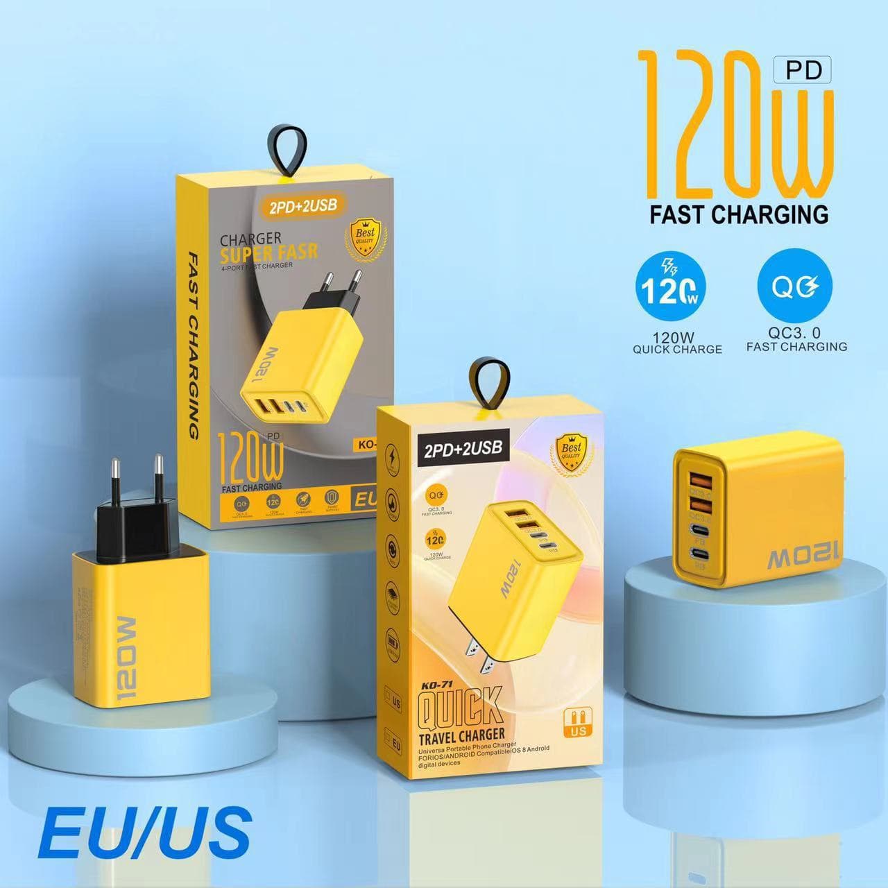 120W Dual USB + Dual PD Charger for iPhone 15 C Port Dual Type-C Smart Fast Charging Head