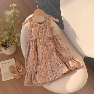 French Vintage Lace Trim Girls Dress 2026 Summer Children Floral Print Casual Vest Dress