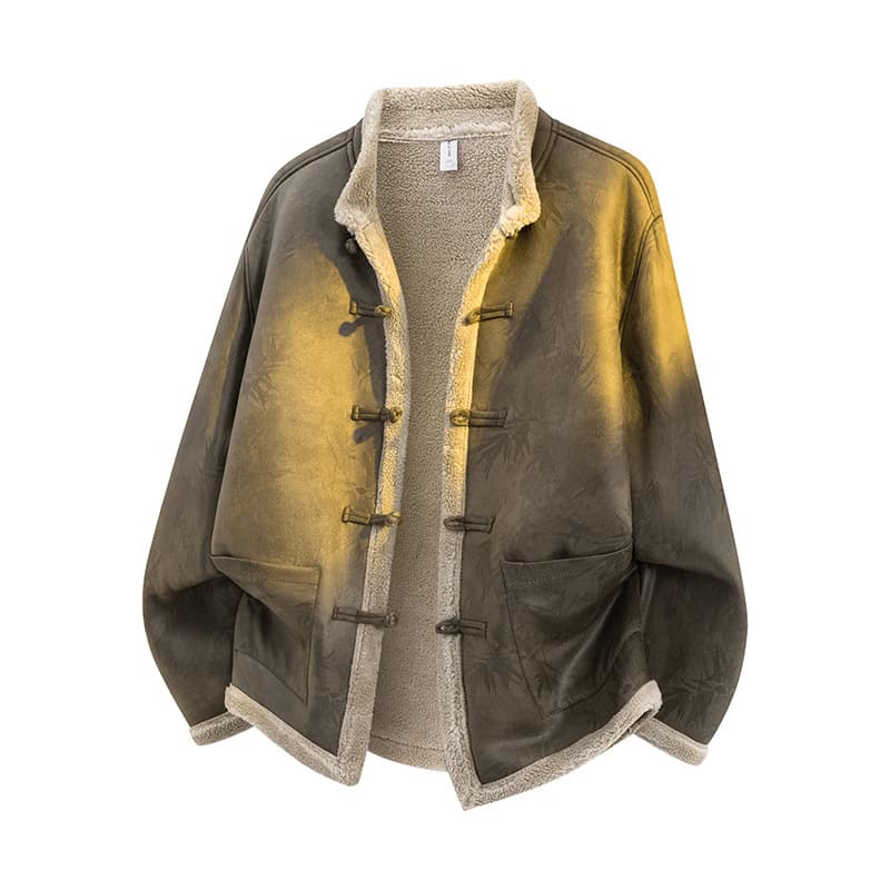 Shearling Coat Chinese Style Retro Button Cotton Jacket Men's Winter Outerwear National Trend Plus Size Loose Warm Cotton Coat