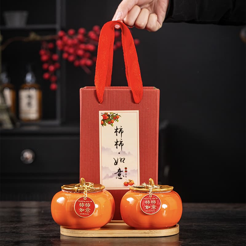 Persimmon Ceramic Tea Canister Candy Jar Tea Caddy Double Happiness Gift Box Decoration Small Creative