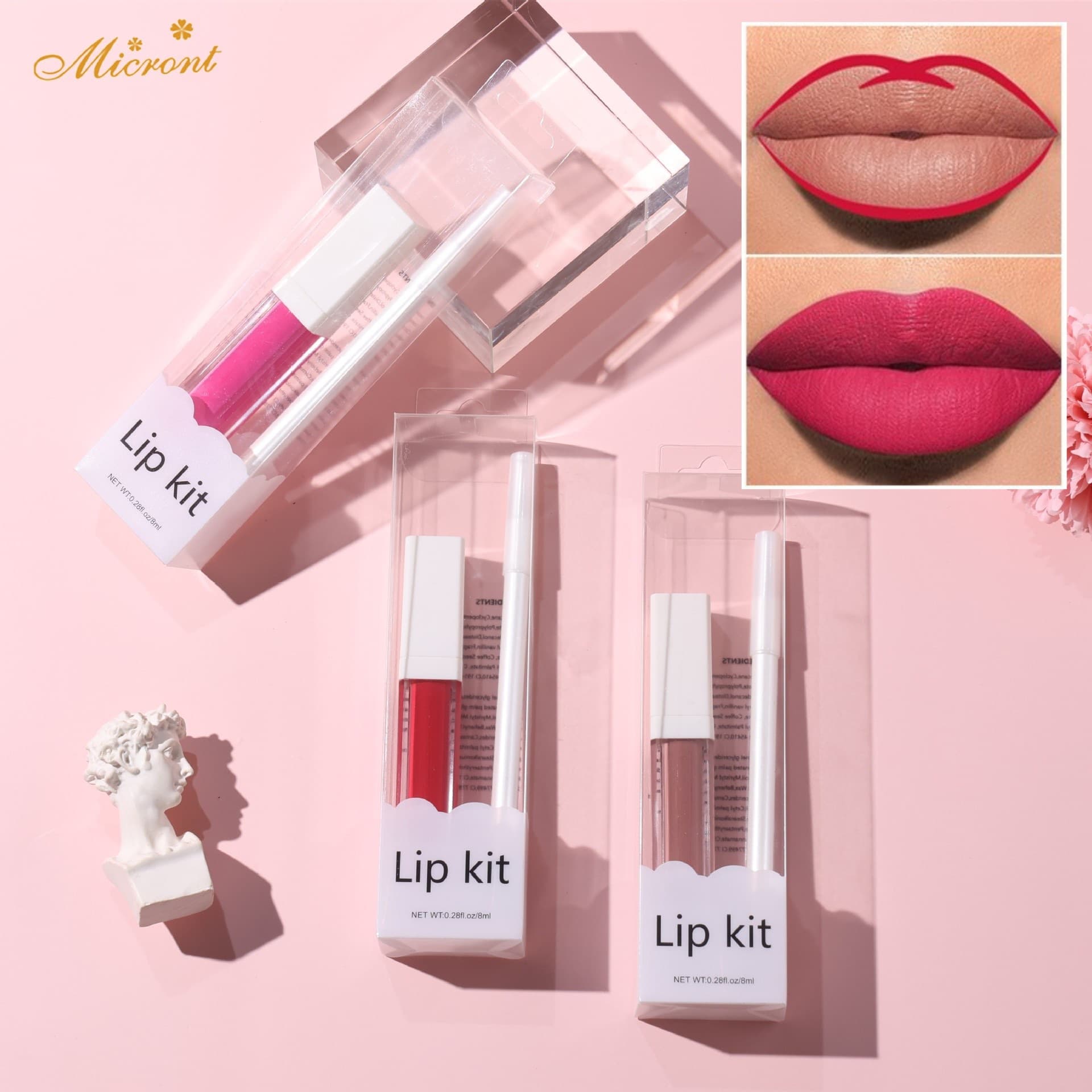 Hot-Selling Lip Gloss Set Clear Box Lip Glaze Lip Pencil 2-Piece Set Waterproof No Logo Makeup Non-Stick Cup
