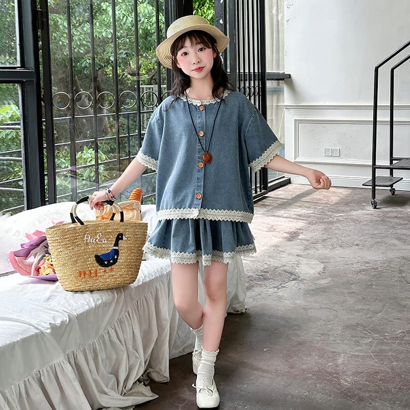 Summer Retro Lace Denim Set 2025 Petite Cute Short Sleeve Short Skirt Two-Piece Lace Denim Outfit
