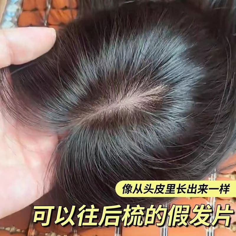 Real Human Hair Topper 10x12 Natural Crown Piece for Volume Increase Full Hand-Tied Double Weft Gray Coverage Hair Strands