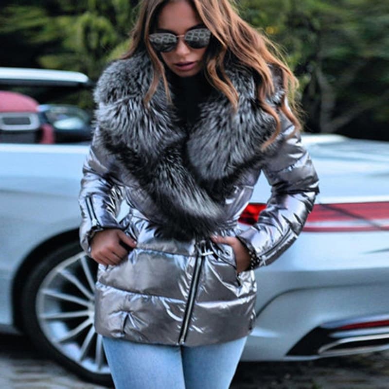 Wholesale New Fall Winter Shiny Big Fur Collar Short Long Sleeve Cotton Padded Down Coat for Women for AliExpress Amazon Wish