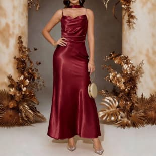 Cross-border Light Luxury Wine Red Satin Halter Dress Waist-cinching Pleated Slimming Mermaid Style Banquet Party Evening