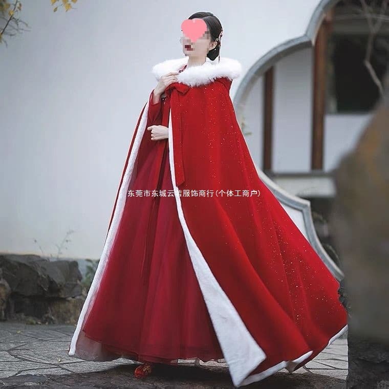 Red Cloak Hanfu Women's Chinese Style Long Plush Collar Fleece-Lined Thickened Cape Ancient Costume Vintage Shawl Winter Fleece-Lined