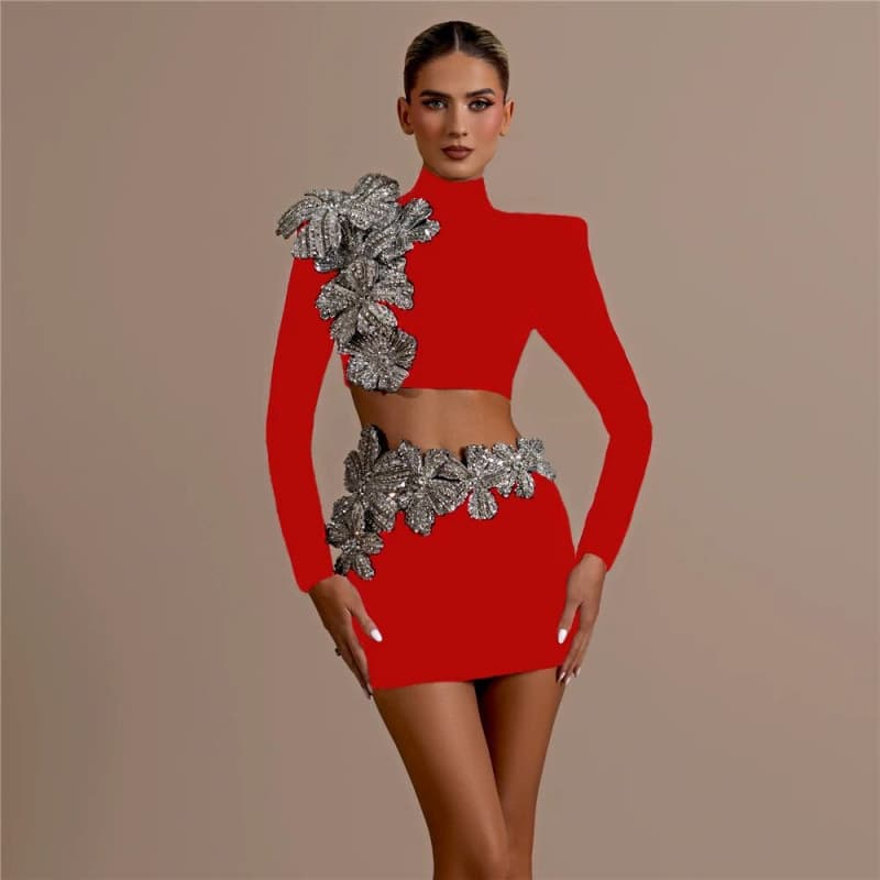 2025 Export Rhinestone Bandage Dress Set European and American Fashion Long Sleeve Crop Top and Skirt Party Set