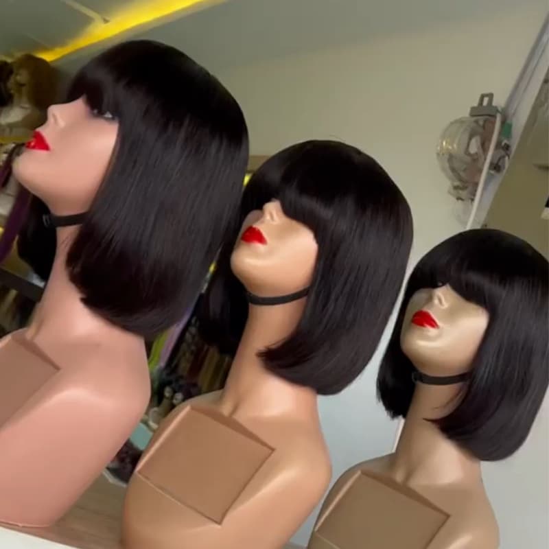 Human hairFringe Bob wig bangs wig foreign trade fully machined bob real hair wig headgear