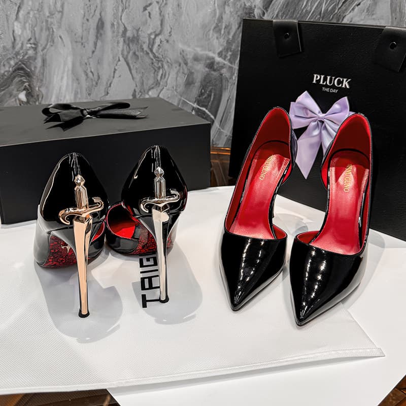 Metal Side Hollow Scepter High Heel Thin Heel Comfortable Genuine Leather Printed Red Sole Women's Shoes Dagger High-Gloss Patent Leather Flats for Women